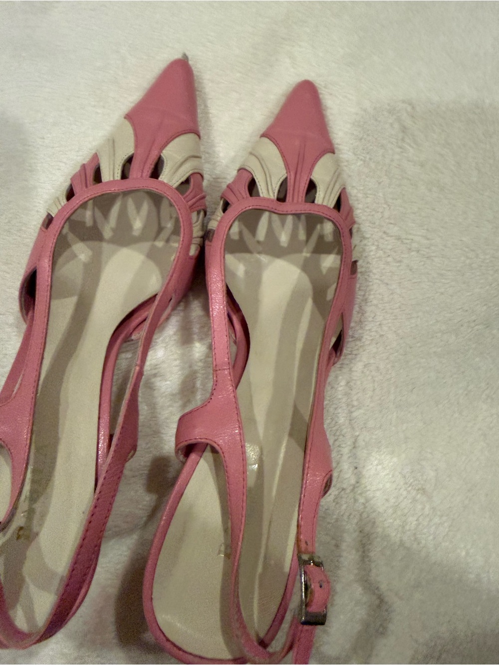 Pink Pointed-Toe Slingback Flats with Cream Accents